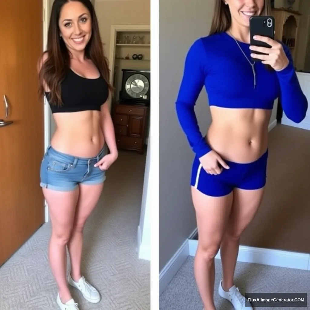 Fitness model influencer Emma's before-after photos. Her waist is tiny compared to her hips and thighs. - Image