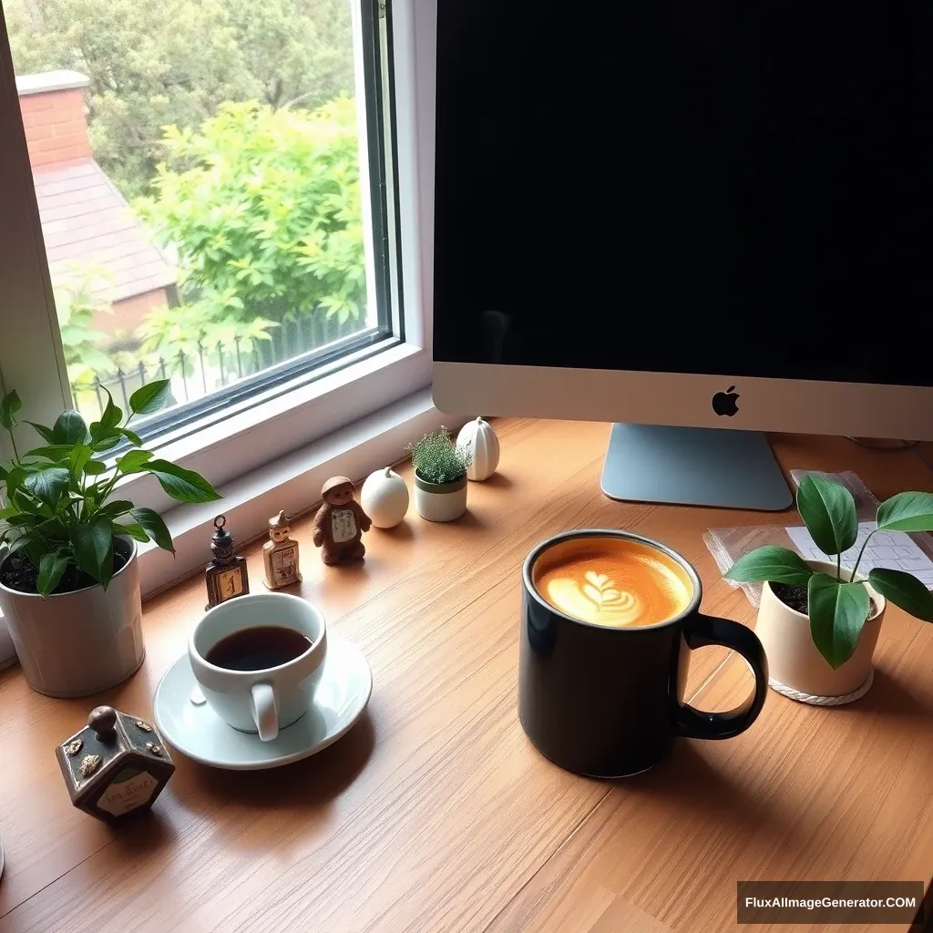 The desk by the window holds a computer, coffee, small ornaments, and green plants, giving a warm and quiet feeling. - Image