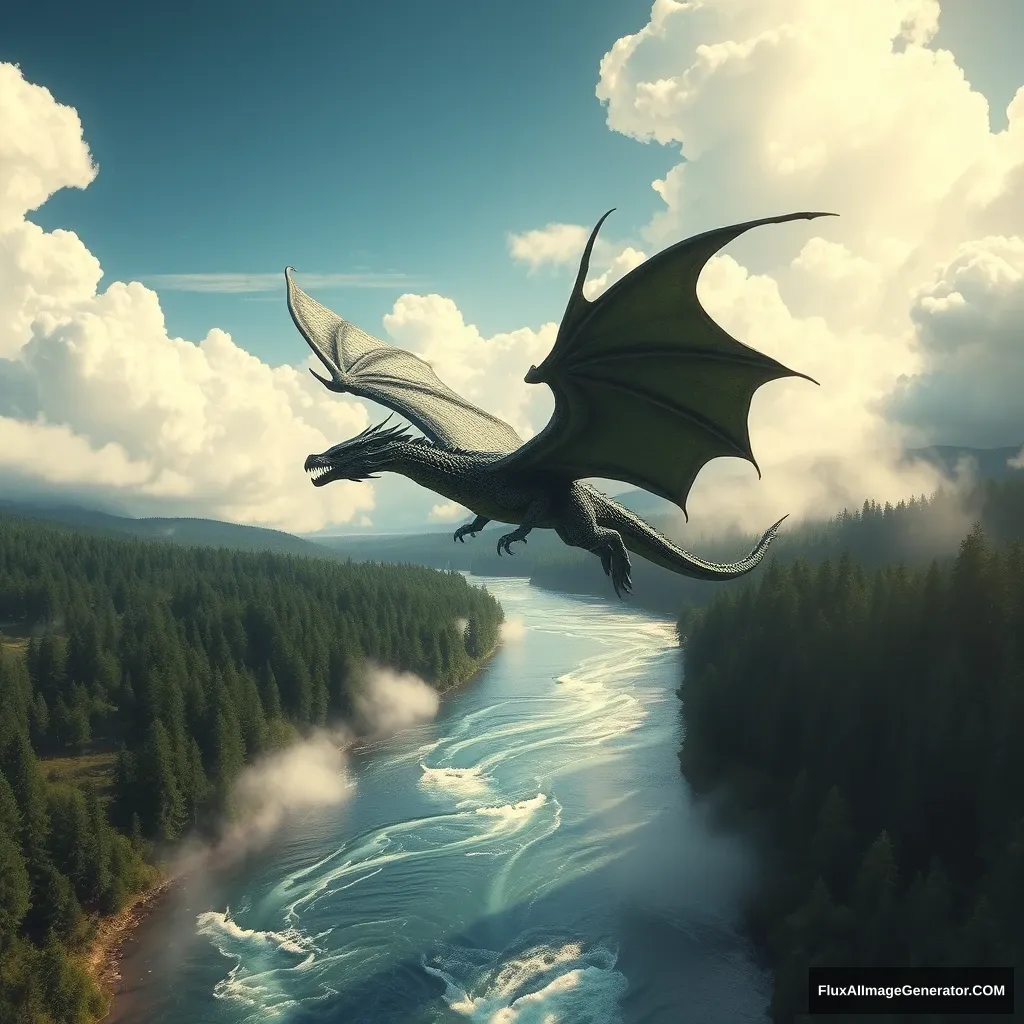 /imagine prompt: A western dragon soaring above a flowing river, its dark green scales and sharp claws visible, dramatic pose, viewed from the ground looking up. The river winds through a dense forest, with sunlight glinting off the water's surface and mist rising from the riverbank. The sky is filled with billowing clouds, creating a sense of movement and grandeur, hd quality, natural look --ar 16:9 --v 6.0 - Image