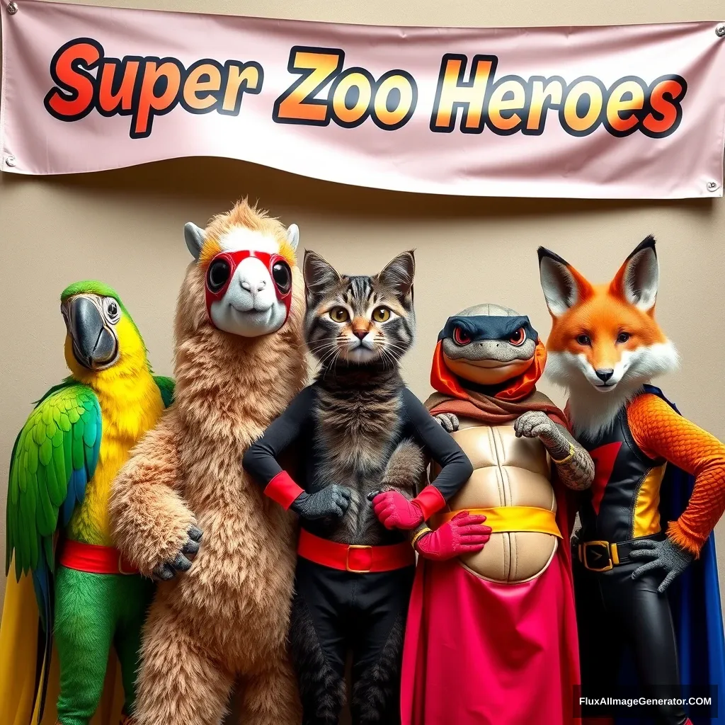 5 Animal-themed superheroes, themed around parrot, llama, cat, turtle, and fox. They pose for a photo beneath a banner that reads "Super Zoo Heroes."