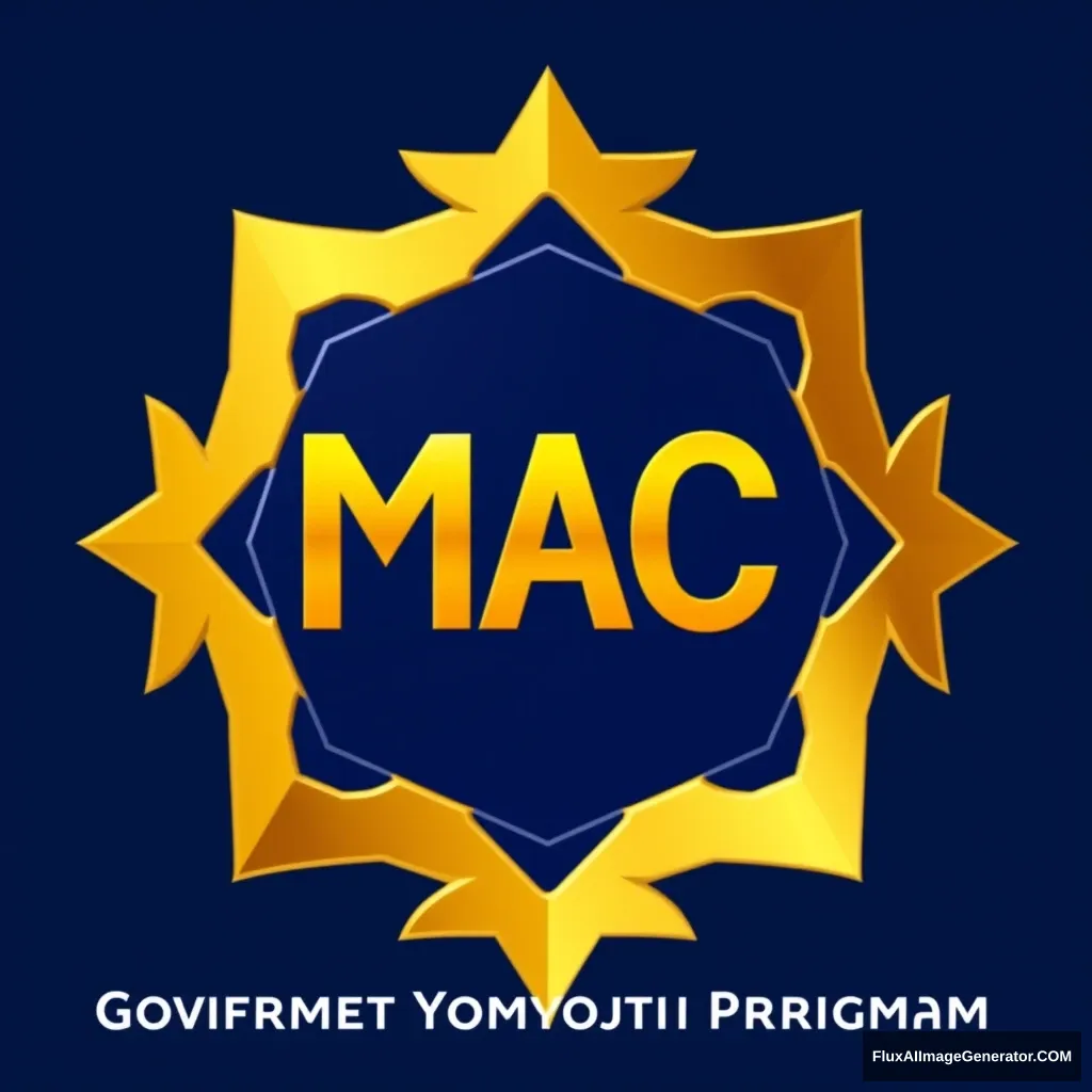 Design a logo for a government youth program with a pentagon-shaped center featuring the letters 'MAC' in gold, shaped into a pentagon, on a dark blue background. Surround this central pentagon with a gold 7 points heptagram star. 4 star points on the bottom and 3 star points on the top. The logo should have a metallic appearance with gold and blue colors for a three-dimensional effect.