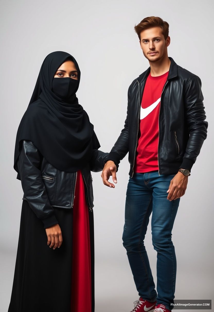 A biggest black hijab girl, beautiful eyes, face mask black, black leather jacket, biggest red longest dress, standing holding his arm,

Jamie Dornan, handsome, youngest, face mask black, Nike red t-shirt, black leather jacket, jeans, red sneakers

Hyper realistic, photorealistic, studio photography - Image