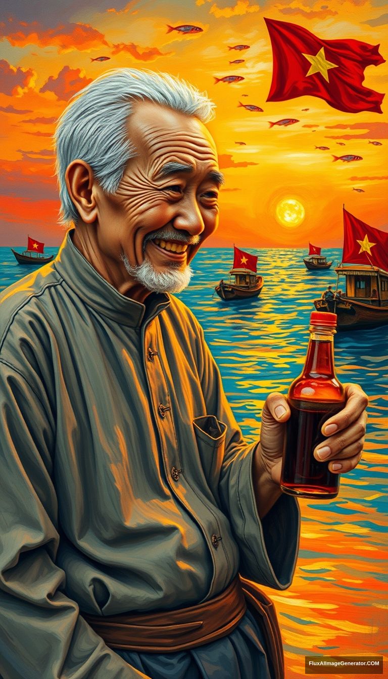 A sharp, anatomically accurate, and highly detailed oil painting in the style of Van Gogh, depicting a smiling, elderly Vietnamese man with silver hair and a weathered face, wearing a traditional áo bà ba and other traditional Vietnamese clothing, holding a bottle of Phú Quốc fish sauce and looking at it. The background features a warm, colorful sunset over the sea, with fishing boats flying the Vietnamese flag, anchovies jumping out of the water, and the setting sun casting an orange glow, no hat, wide view. - Image