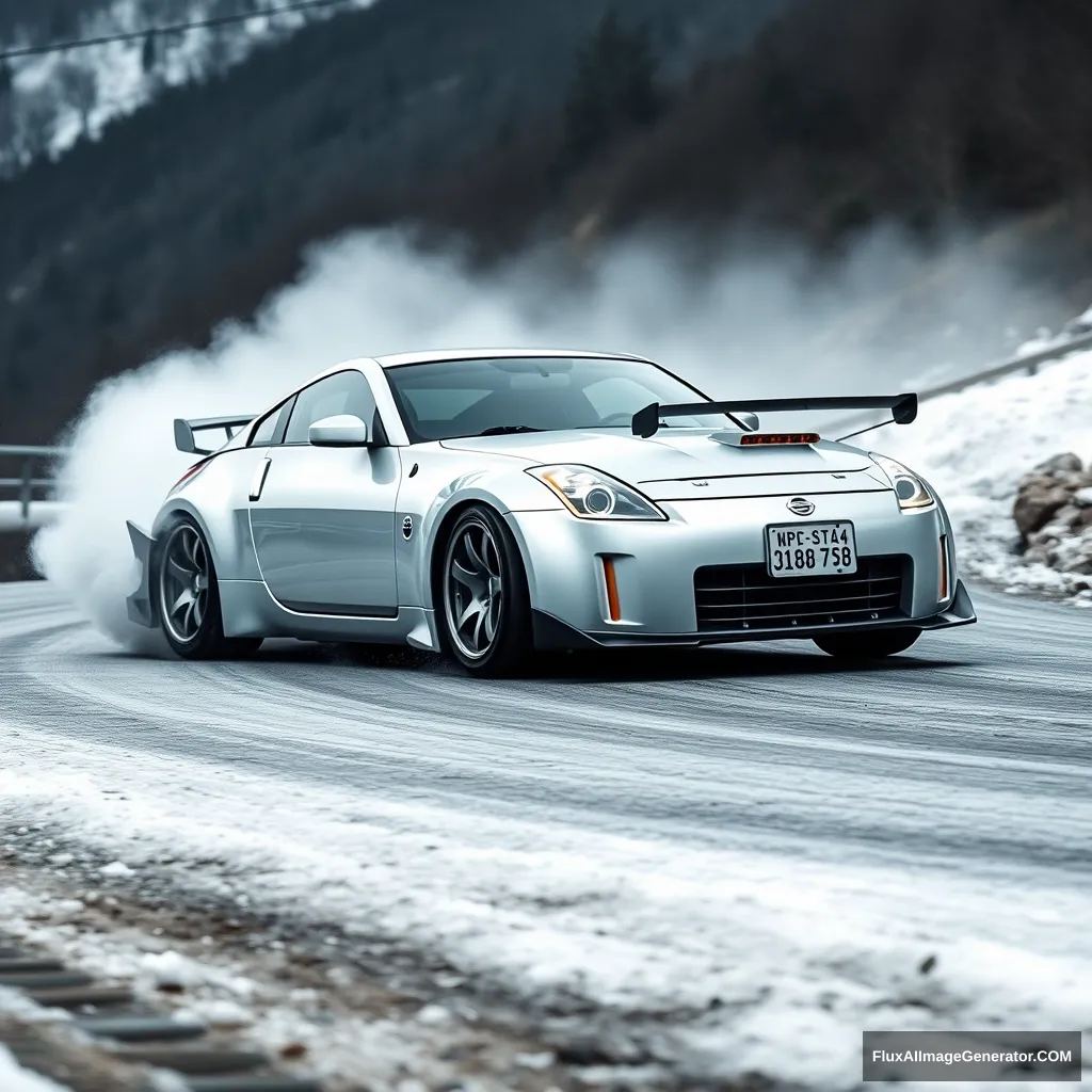 Create an image of a silver Nissan 350z drifting on a Japanese mountain.