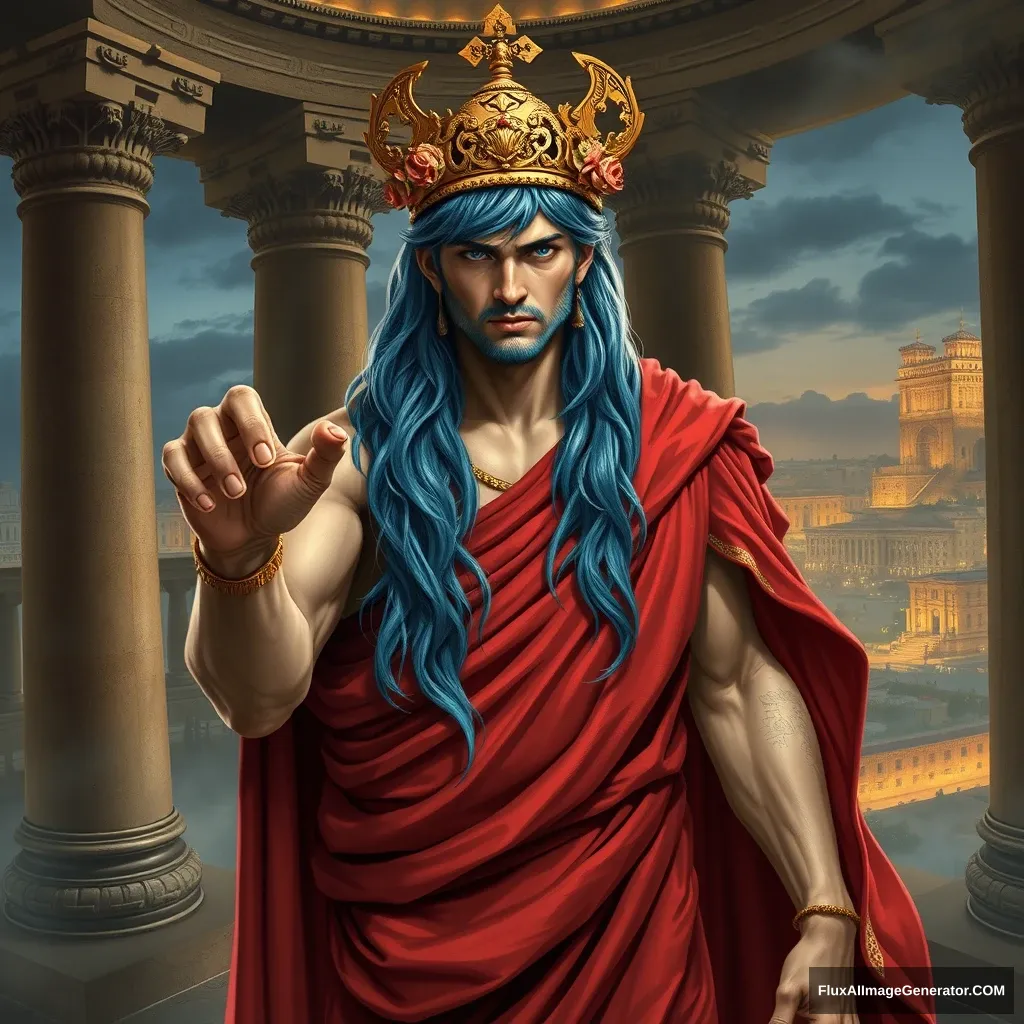 Young evil Roman emperor, dressed in a red toga, with long blue hair and a golden floral crown. He has a power-holding pose with one hand supine and grasping. The room he's in is in ancient Roman imperial style, with huge pillars and a magnificent view of the ancient city at night. Realistic style, good anatomy, masterpiece, in the style of Ruan Jia.