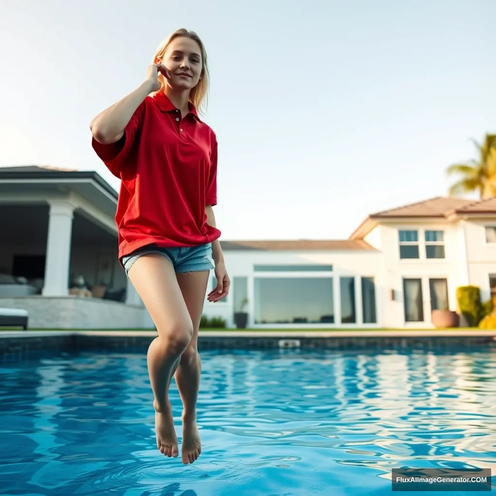 Front view of a young blonde skinny woman in her early twenties in her massive backyard wearing a massively oversized red polo t-shirt, slightly off balance on one shoulder, with the bottom part tucked in on all sides. She is also wearing small light blue denim shorts and no shoes or socks as she dives into her enormous luxurious pool.