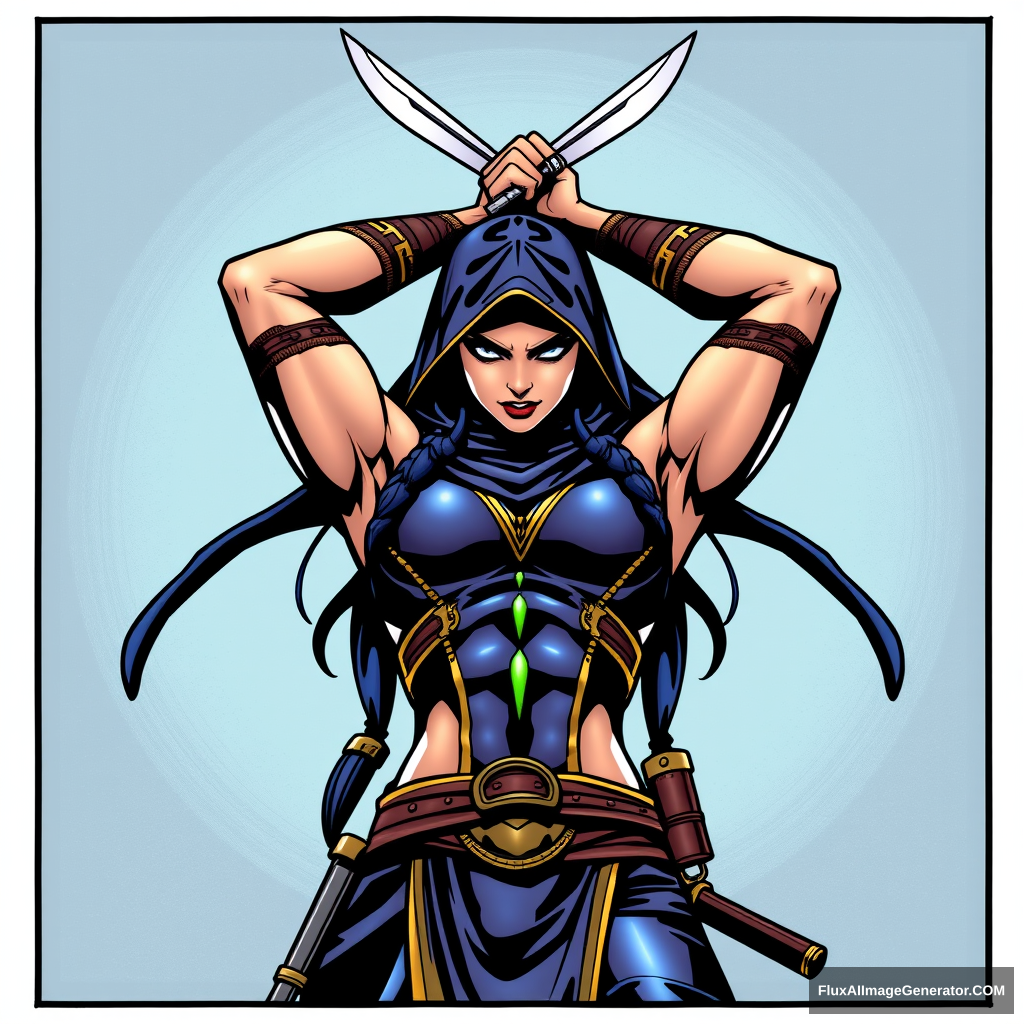 Kitana from Mortal Kombat, arms crossed above her head with weapons in her hands, comic book style. - Image