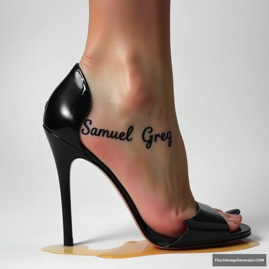 The name "Samuel Greg" on a woman's foot in a black high heel. There is oil all over the foot.