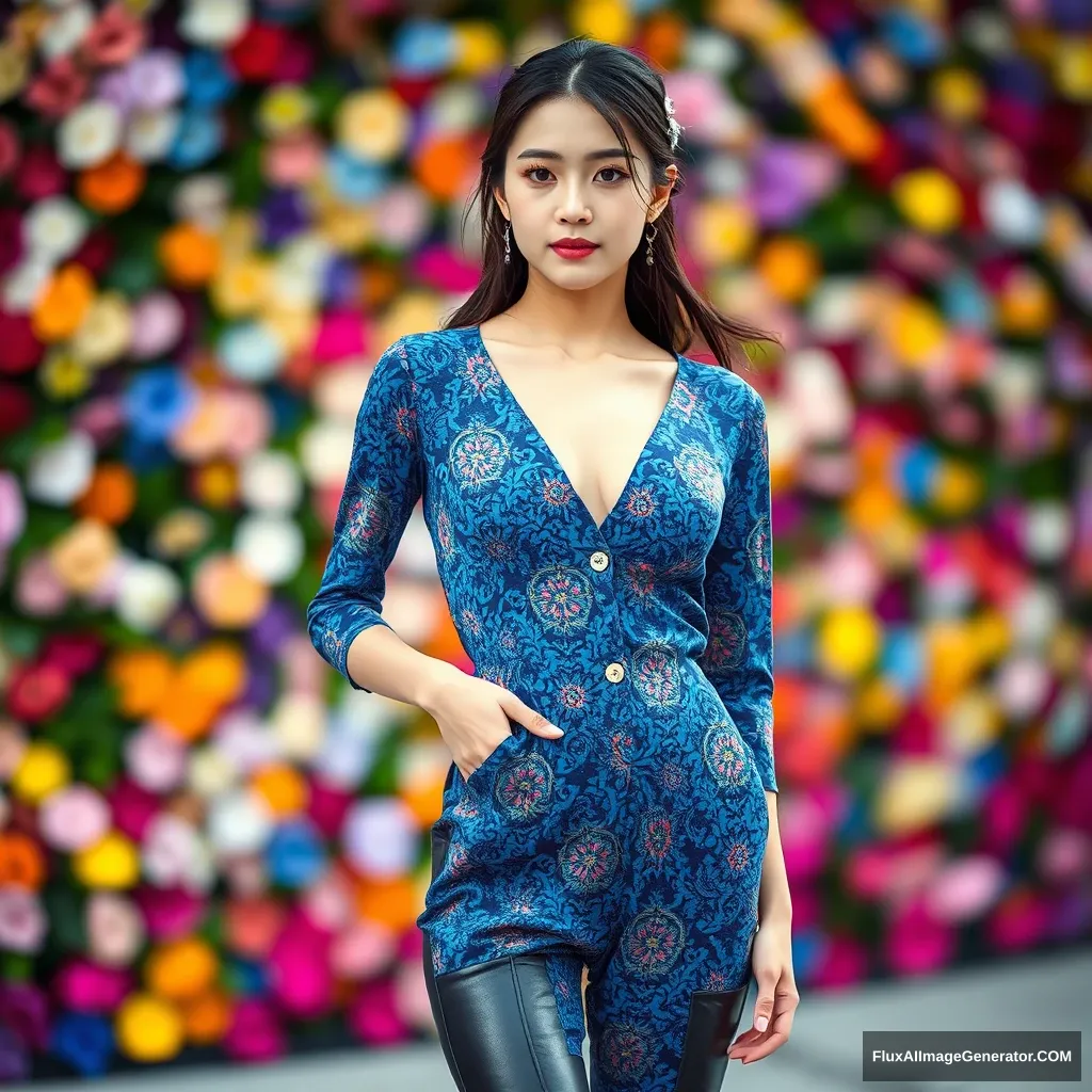 A Korean female fashion model (elegant and gorgeous) is wearing a jumpsuit styled one-piece (colorful patterned based on blue), leather long boots, with a silvery hairpiece. The front of the top is open, and there is a colorful flower wall (defocused).