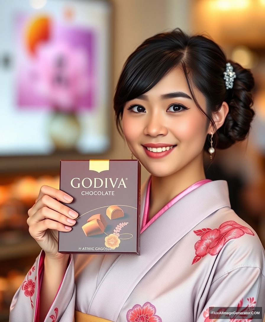 Godiva chocolate, an Asian girl in a kimono is holding it. - Image