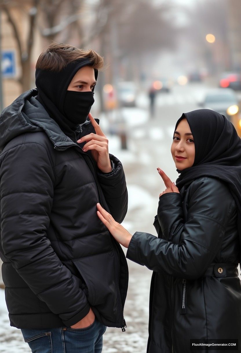 Jamie Dornan, handsome, young, wearing a black face mask, snow jacket, jeans, dating a beautiful Muslim girl in a black hijab with beautiful eyes, also wearing a black face mask and black leather jacket, in a winter scenery, standing together near the road in town, pinching each other's cheeks, photorealistic, street photography. - Image