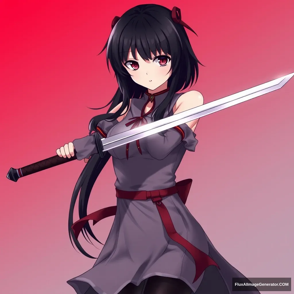 VERY BEAUTIFUL ANIME GIRL WITH PERFECT EYES. Anime style is important. Seinen style anime. Should look like an assassin with a gradient background. Holding one sharp sword. Black hair, red eyes. And should be a full body drawing. Should include legs.