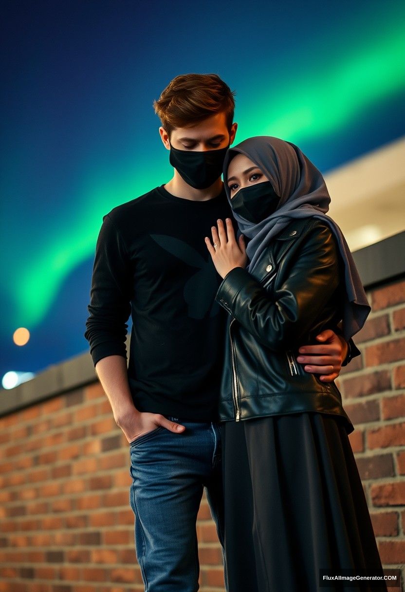 Jamie Dornan, tall, young, wearing a black face mask, a black long-sleeve Playboy T-shirt, and jeans, 

dating a romantic relationship with a grey hijab-wearing Muslim girl with beautiful eyes, who is also wearing a black face mask, a leather jacket, and the longest and widest skirt, not a tall girl, 

She's crying, laying on his shoulder, being hugged from behind, flirting and persuading her, against a brick wall, in town, photorealistic, street photography, night scenery, aurora borealis.