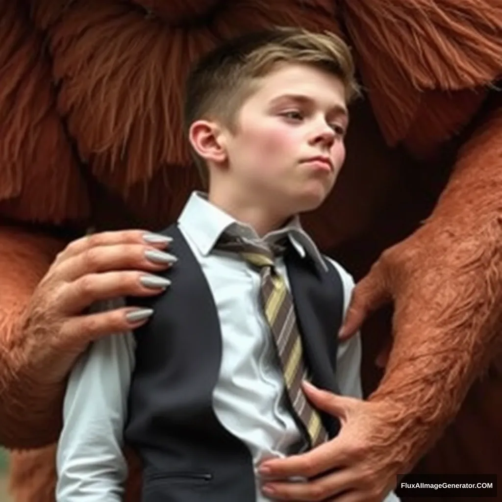 Cute skinny teen guy in a formal shirt and tie with waistcoat grabbed by a giant creature. Photo.