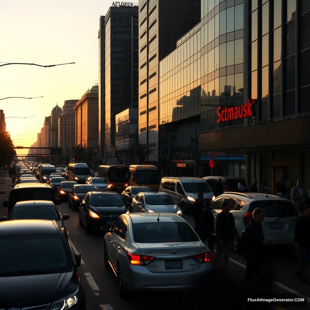 City at dawn, traffic jam, busy people, metro station entrance. - Image