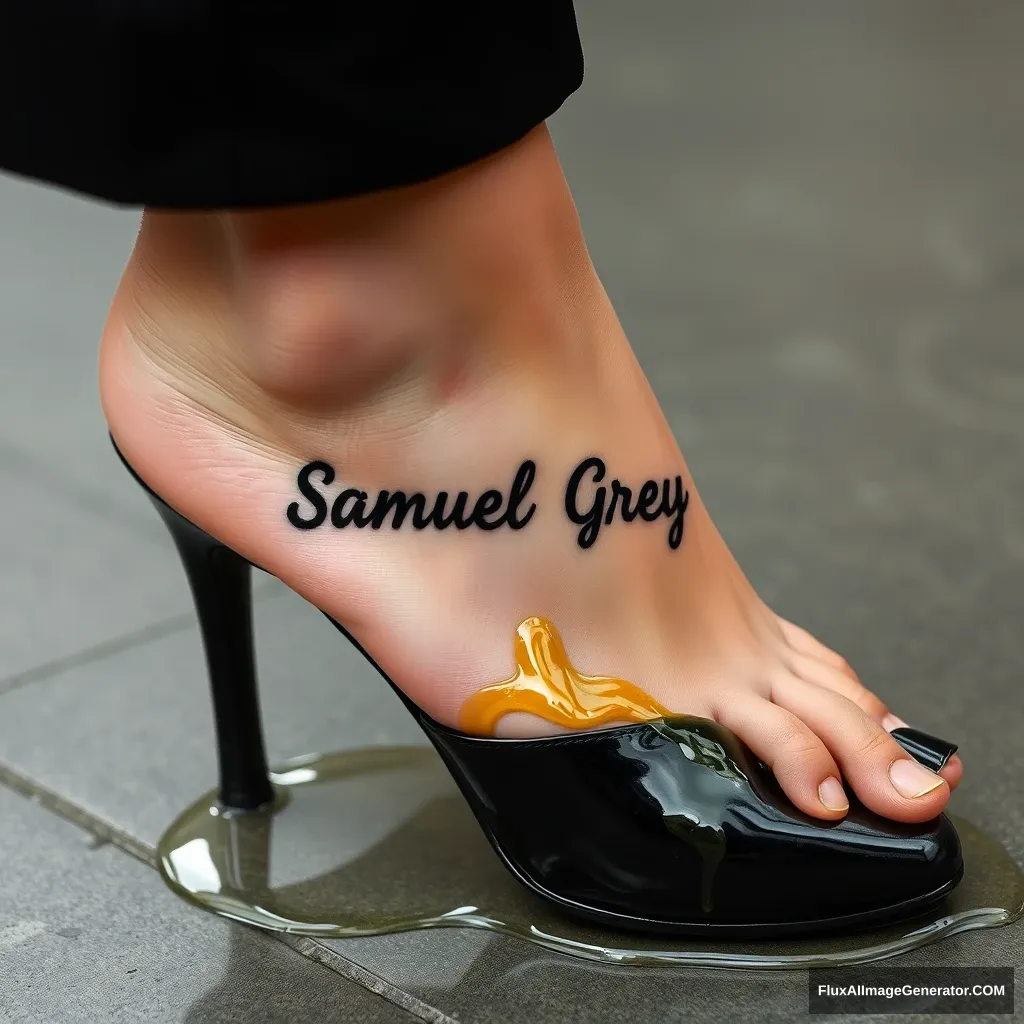 The name "Samuel Greg" on a woman's foot in a black high heel. There is oil all over the foot.