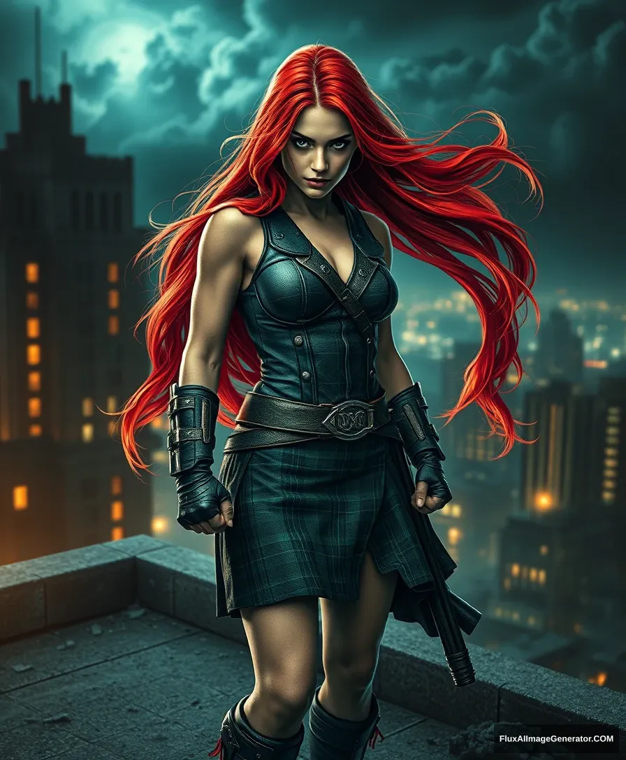 Digital artwork, concept art, a female Scottish superhero wearing a kilt, long red hair, standing on a rooftop with a dark dystopian city in the background, dynamic pose, fierce, comics style, extremely intricate, extremely detailed, ominous lighting, dramatic lighting, dark stormy night, shot with Hasselblad, long exposure intricate, exquisite details and textures, sharp focus, high resolution, detailed eyes, 8k UHD, Nikon D850, high quality, film grain, hyper-realistic skin (detailed skin: 1.3). - Image