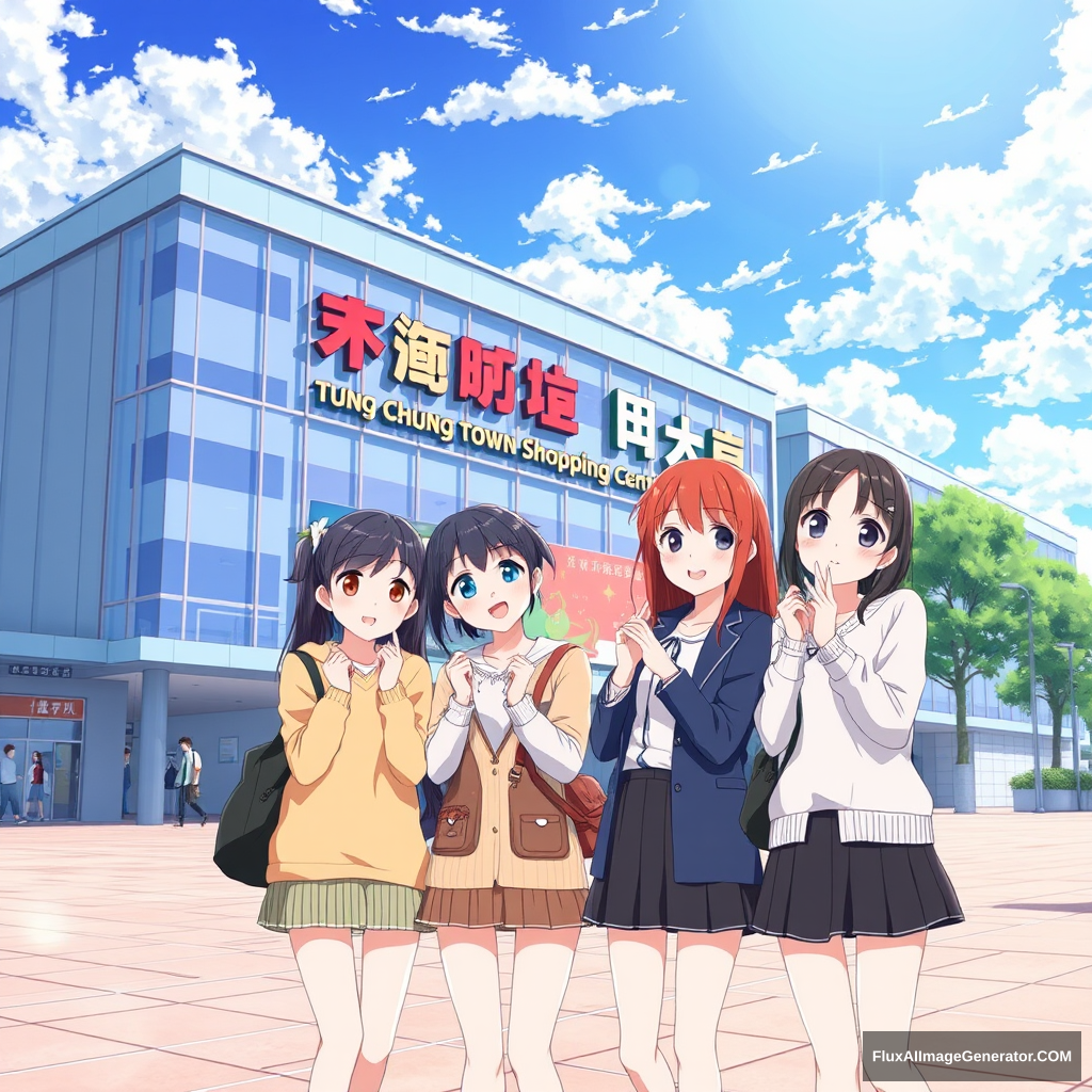 Anime illustration depicts four teenage girls standing in an outdoor plaza, delightfully looking at the viewer and posing. Behind them is the building of a modern shopping mall with a colorful signboard that reads "Tung Chung Town Shopping Centre," indicating the name of the shopping mall. The weather is very good and comfortable, with a beautiful blue sky, white clouds, and sunlight.