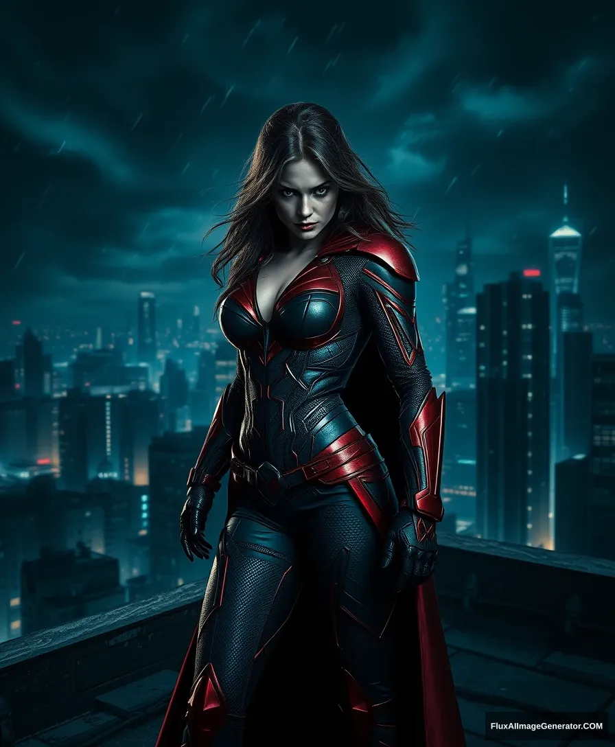 Digital artwork, concept art, a female superhero standing on a rooftop with a dark dystopian city in the background, dynamic pose, fierce, comic style, extremely intricate, extremely detailed, ominous lighting, dramatic lighting, dark stormy night, shot with Hasselblad, long exposure intricate, exquisite details and textures, sharp focus, high resolution, detailed eyes, 8k uhd, nikon d850, high quality, film grain, hyper realistic skin (detailed skin:1.3)