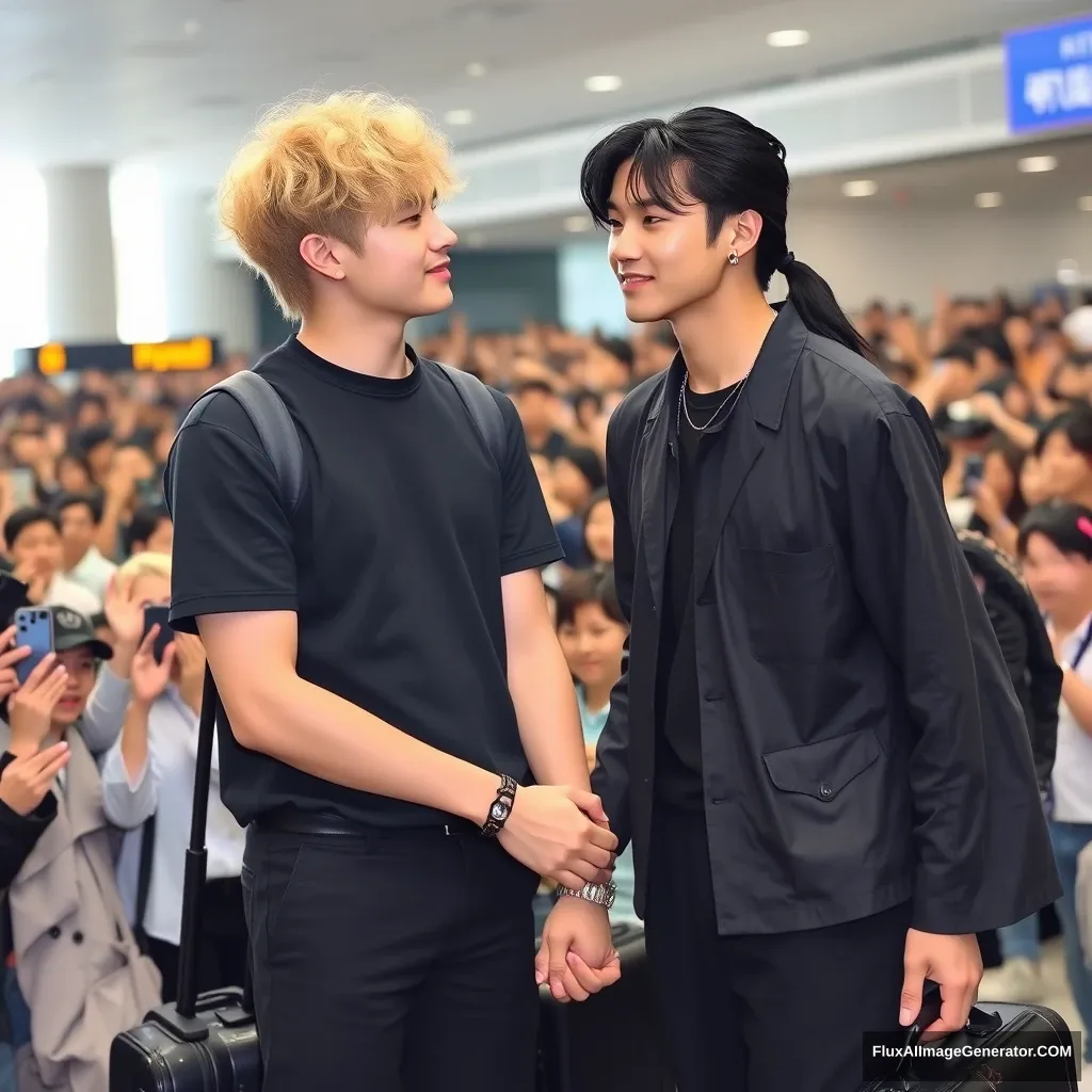 A man with curled, blonde ear-length hair and a man with low pony-tailed ebony hair are holding each other's hands in front of a huge crowd of fans at the airport. Both are dressed in K-pop idol style, and the blonde man is taller than the other man.