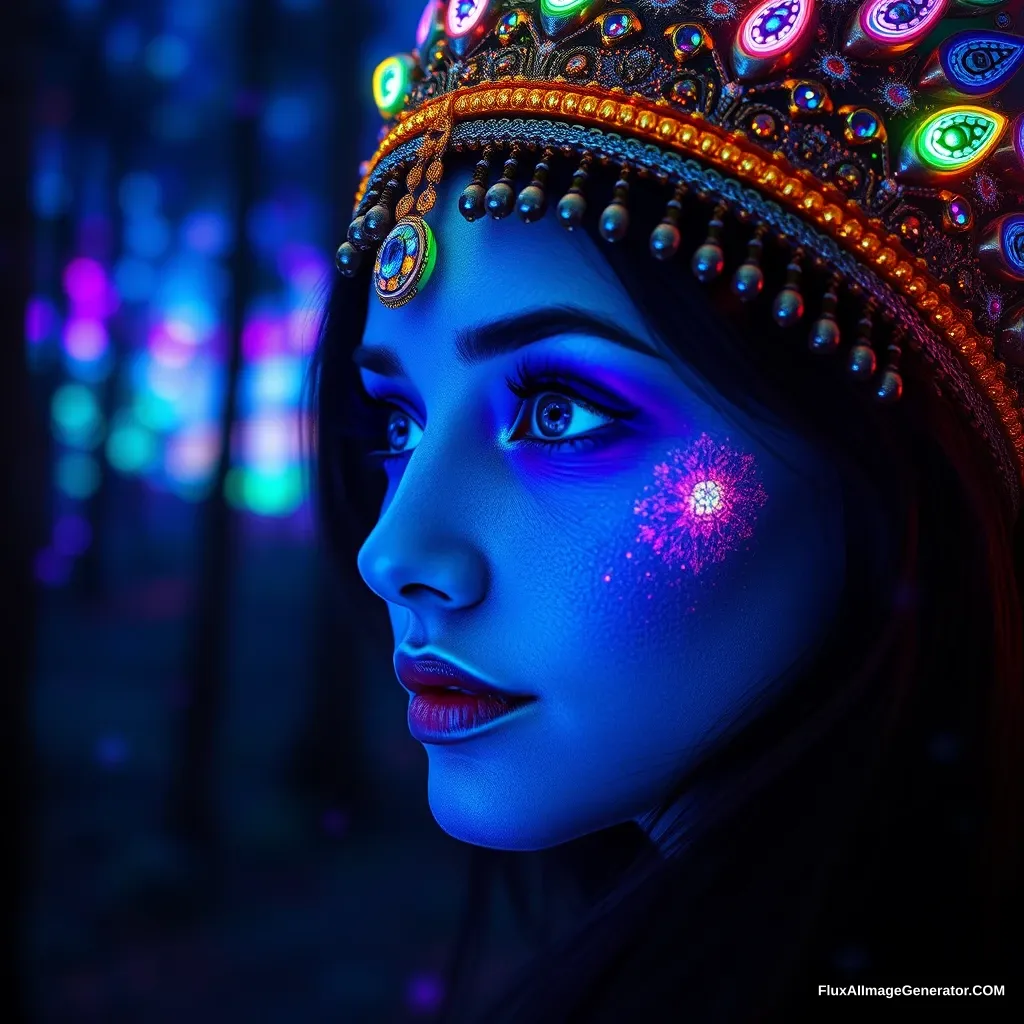 Portrait | wide angle shot of eyes turned to one side of the frame, a lucid dream-like woman, gazing into the distance ::8 style | daydream-like with glowing skin and eyes, adorned in a headdress, beautiful, she is illuminated with neon lights, very colorful in blue, green, purple, bioluminescent, glowing ::8 background | forest, vivid neon wonderland, particles, blue, green, purple ::7 parameters | rule of thirds, golden ratio, asymmetric composition, hyper-maximalist, octane render, photorealism, cinematic realism, unreal engine, 8k ::7 --ar 16:9 --s 1000 - Image