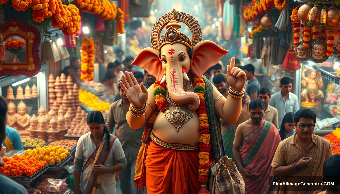 Visualize Lord Ganesha as a real human god, navigating a bustling, dense Indian market in preparation for his own festival. The market is lively and crowded, with vibrant stalls overflowing with marigold garlands, clay idols, sweets, and festival decorations. Surround him with real, everyday people who are unaware of his divine presence, going about their shopping, bartering with vendors, and carrying bags filled with festival essentials. Ganesha, dressed in a blend of traditional dhoti and modern attire, should be depicted with a serene yet amused expression as he picks out the best offerings, from the freshest flowers to the most ornate decorations. Capture the vivid colors, the cacophony of sounds, and the rich scents of an authentic Indian market, with Ganesha seamlessly blending into the crowd, embodying the divine in the midst of everyday life. It's evening time with lots of lights. Unreal engine, 4k, change the camera angle. - Image