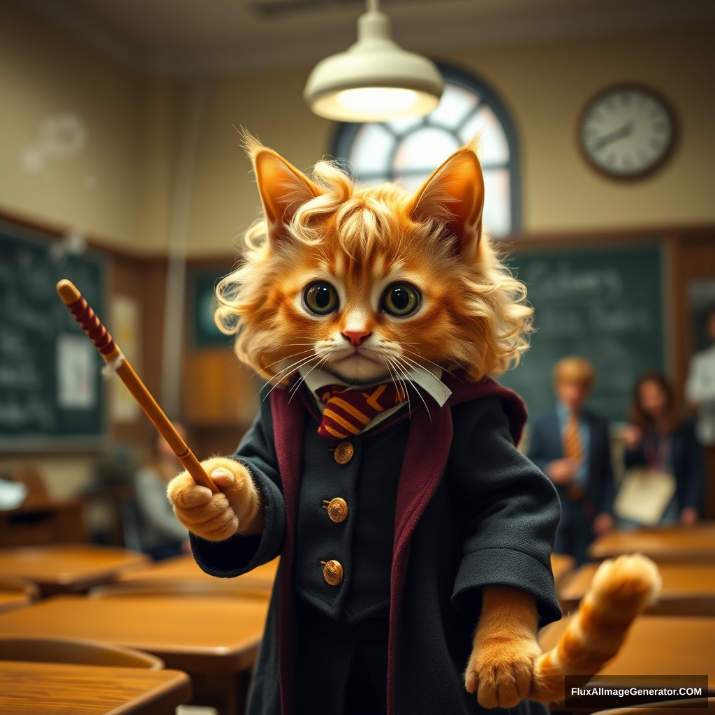 Visual tension, magical atmosphere, a cute anthropomorphic cat dressed in Hermione Granger's outfit from Harry Potter, with golden curly hair, holding a magic wand, standing in a classroom casting a spell towards the teacher, 8K, UHD, movie still, motion view, ultra-wide, hyper details.