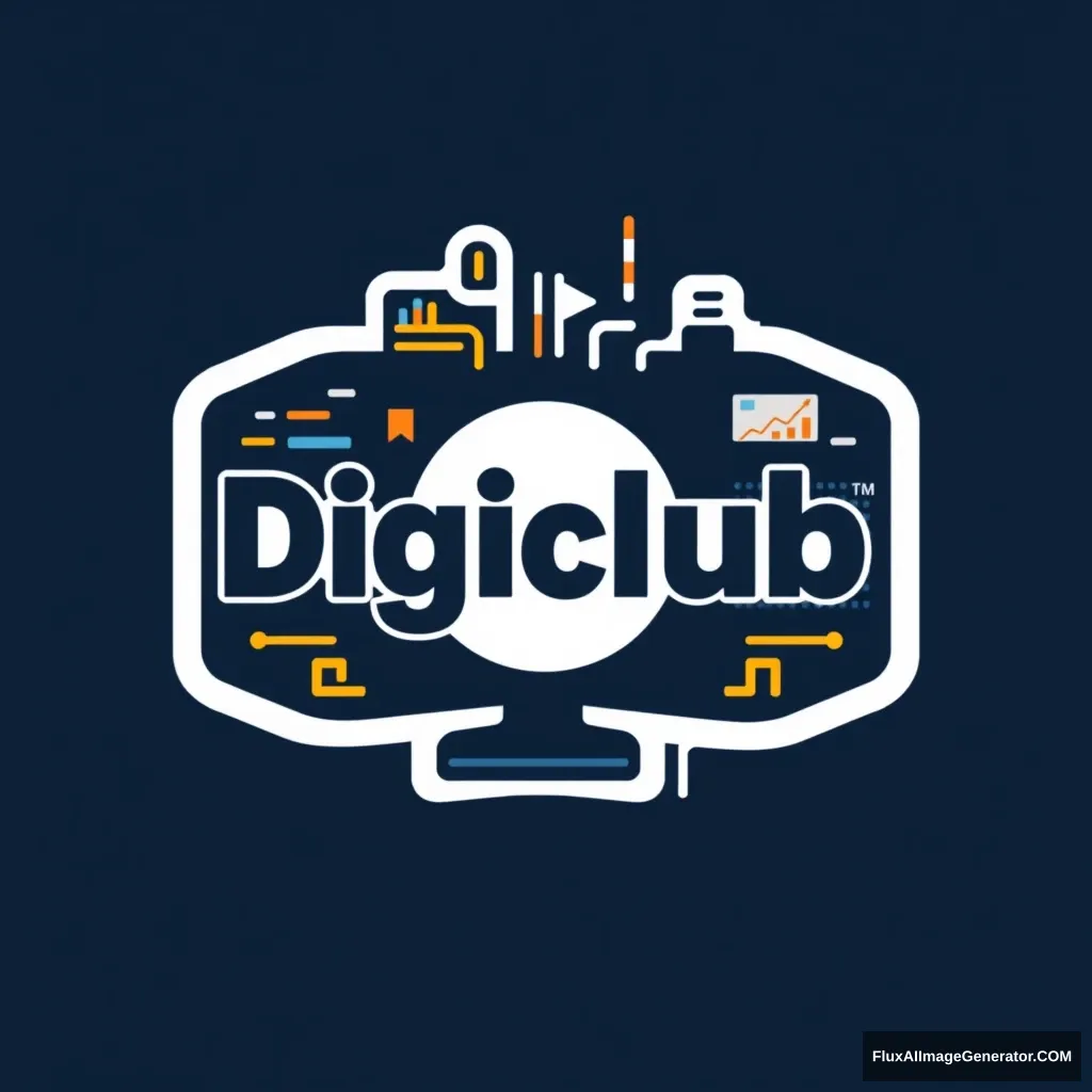 Create a classic, clunky logo for Digiclub, a YouTube channel focused on digital marketing and SEO. The logo should: - Incorporate a combination of digital and marketing elements (e.g., pixels, screens, charts, or graphs) - Feature a bold, dark color scheme (e.g., blues, oranges, or yellows) - Include the channel name 'Digiclub' in a clean, sans-serif font - Be scalable for various formats (e.g., YouTube thumbnails, social media profiles, and website headers) - Convey a sense of innovation, amateurishness, and isolation. Design a logo that appeals to digital marketers, entrepreneurs, and anyone interested in growing their online presence.