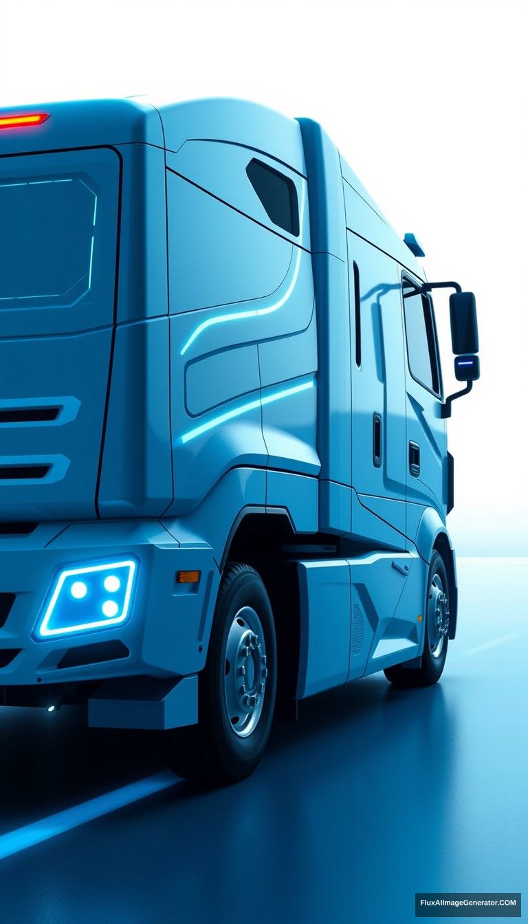 The truck has simple and dynamic lines, with high-tech features, speed lines, and a glow; the overall picture is bright and clean, full of a sense of the future, science and technology, in a blue atmosphere. From the side view, the truck showcases its entire body. - Image