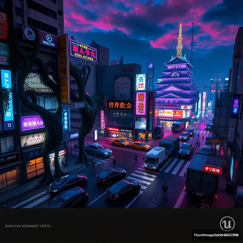 A Shibuya Scramble Crossing game concept design, nice and detailed, Cyberpunk style, Tokyo city night, Aerial view, buildings are corrupted by many giant vines, Abandoned cars and trucks, blue and purple neon lights, Japanese Edo Castle, sky is dyed red, unreal engine, PBR rendering, CG style.