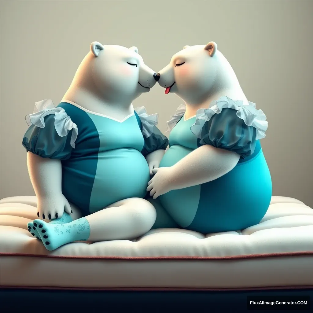 A couple of male fat realistic cartoon polar bears in costumes, wearing turquoise and navy blue transparent ruffled white baroque velvet puffy sleeves leotards and baby blue rose print pantyhose, sitting on the edge of a floating mattress, in a full body sideways pose, hands holding each other's waists, noses touching, sleepy faces with tongues out, looking at each other's faces.