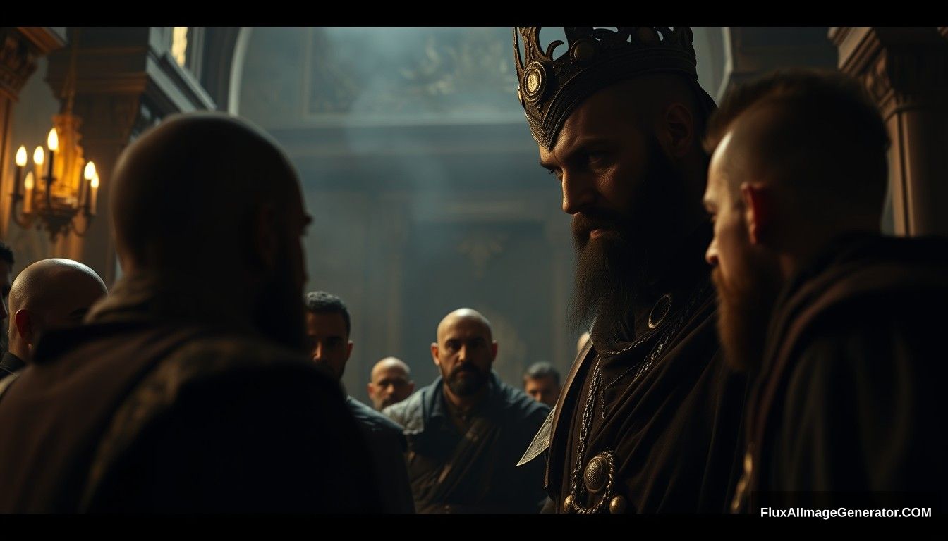 Close-up scene inside the monastery, showing Dajjal asking questions to a group of men. The atmosphere is tense, with Dajjal's imposing figure looming over them. Ultra HD, realistic, intense, with dramatic and cinematic lighting.