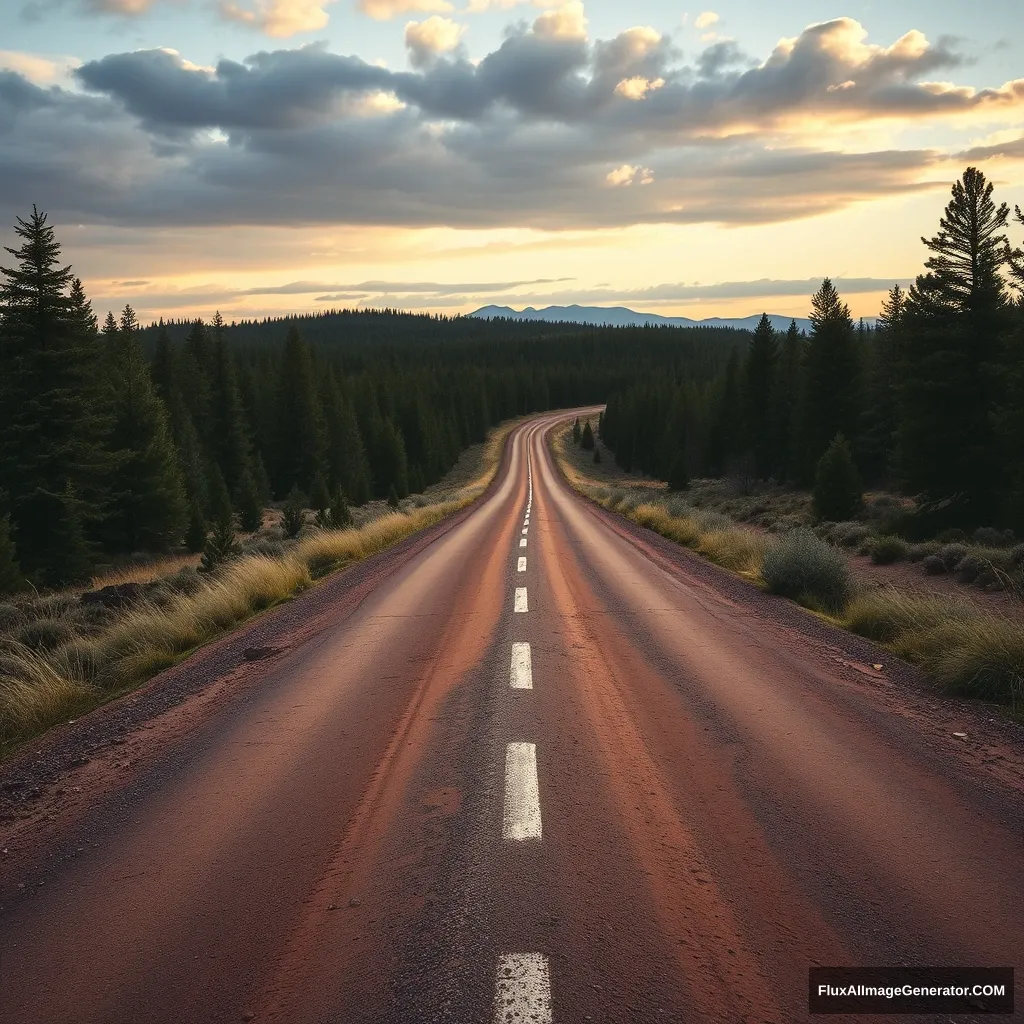 A road in the wilderness, a road that starts at the bottom of the screen and splits into two paths in the middle, a fork in the road, real style. - Image