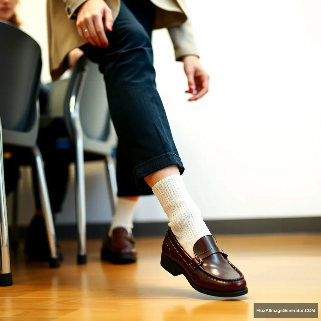 Full body, woman in class, wearing loafers and socks, taking her shoes off. - Image