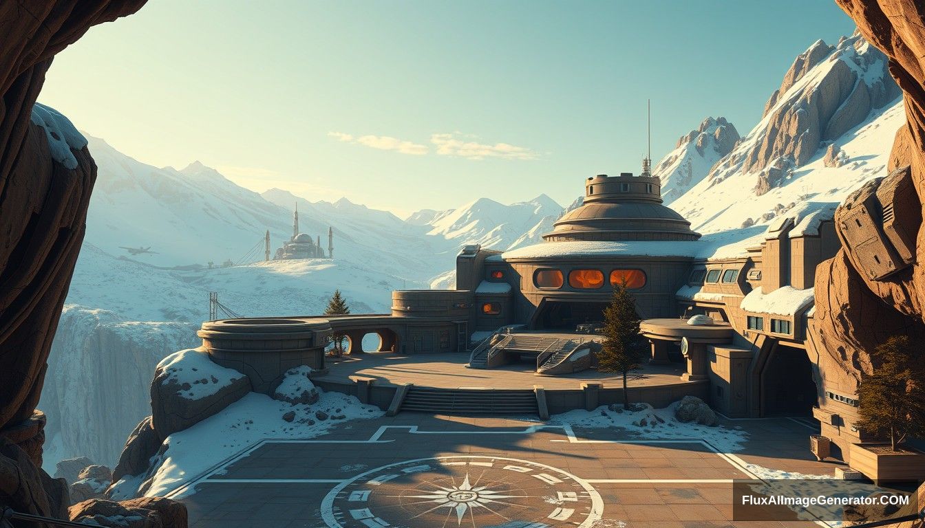 Cel shaded art, wide shot, a sci-fi center on the top of a snow mountain, open air, close look, cyberpunk, military base, Star Wars style, indoor, patio, morning, sunlight, fortress, mountain, rock, snow, tarmac, parking apron, cave, tree, landing field, cliff, round shape, tower.