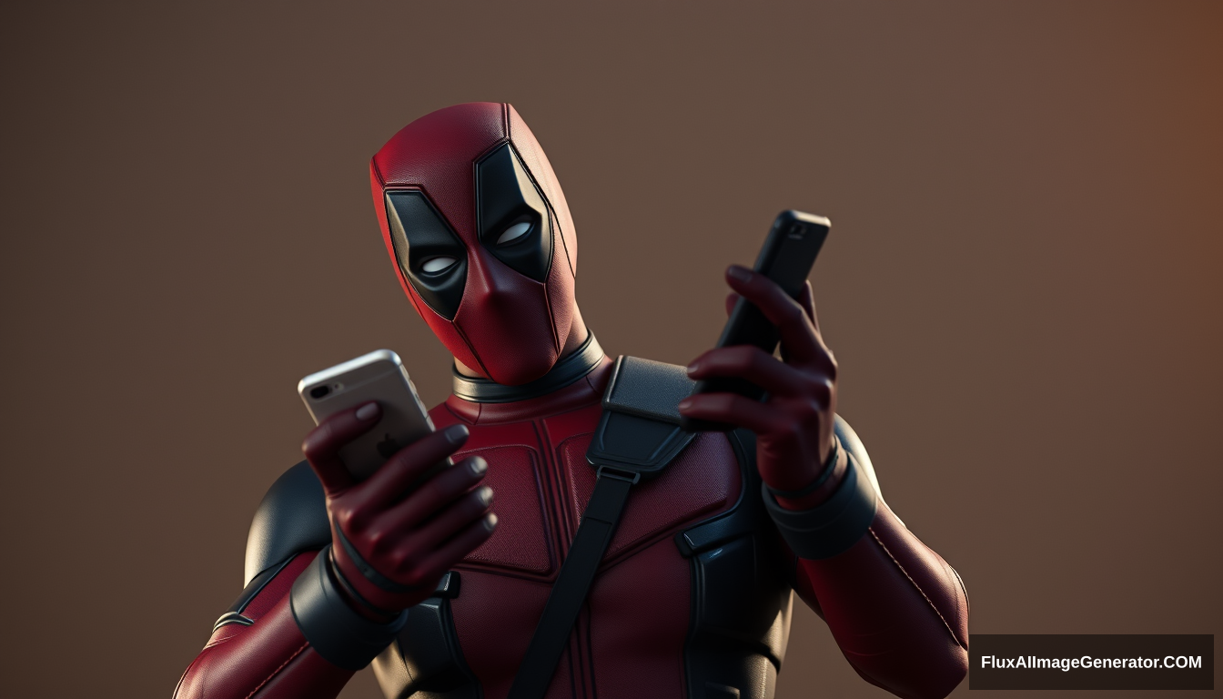 Deadpool looking at his cell phone and making a fist.