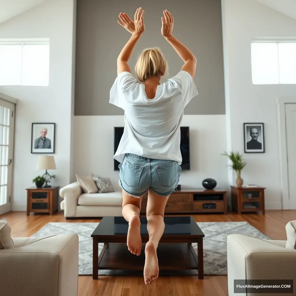 Side view angle of a skinny blonde woman in her large living room, wearing a massively oversized white t-shirt that is also very off-balance on one of the sleeves. She is wearing oversized light blue denim shorts and has no shoes or socks on. Facing her TV, she dives headfirst into it, with both arms raised below her head and her legs high up in the air, at a 60-degree angle.