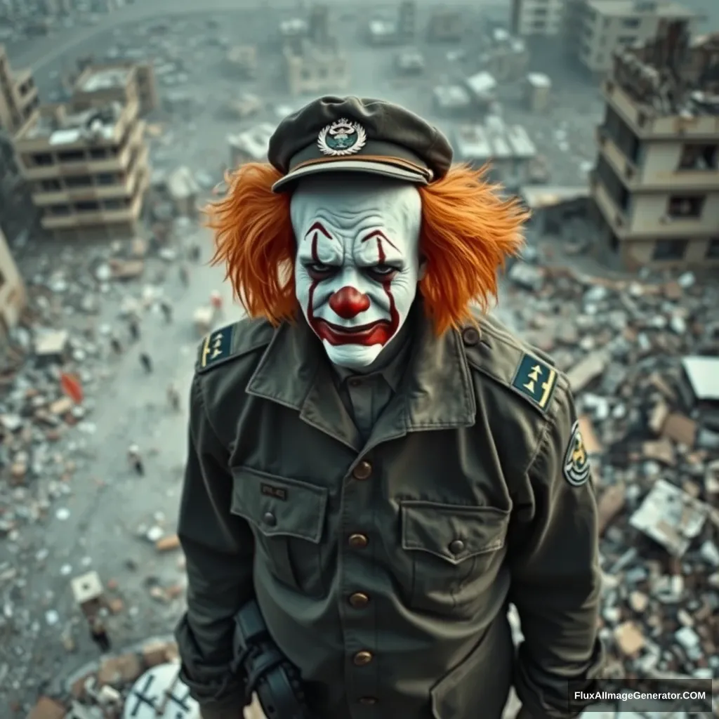 A normal crying clown in an IDF uniform standing in the middle of a destroyed city in ruins. View from above and from some distance. Hyperreal. - Image