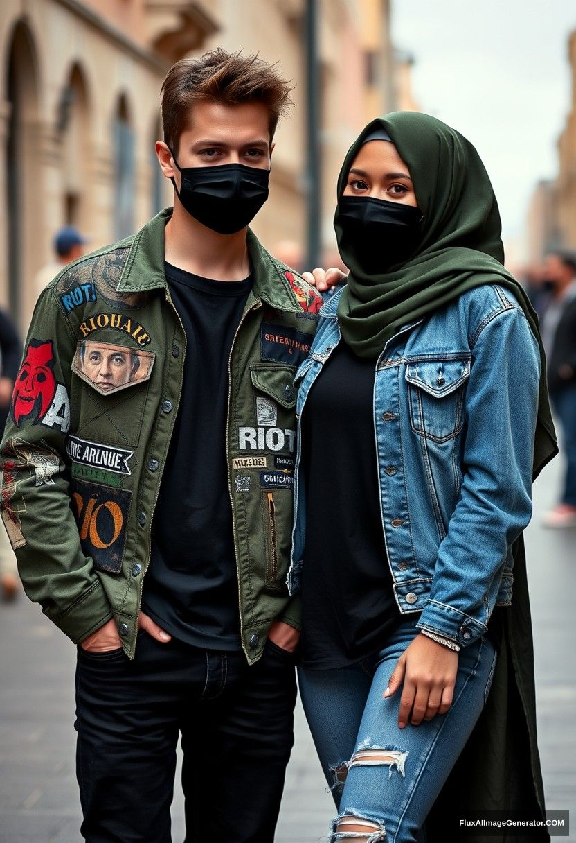 Jamie Dornan, young, black face mask, black T-shirt, riot collage jacket, jeans, red sneakers, dating romantically with a beautiful Muslim girl wearing the biggest army green hijab, beautiful eyes, black face mask, jeans jacket, longest skirt, not tall girl, photorealistic, street photography, full photography. - Image