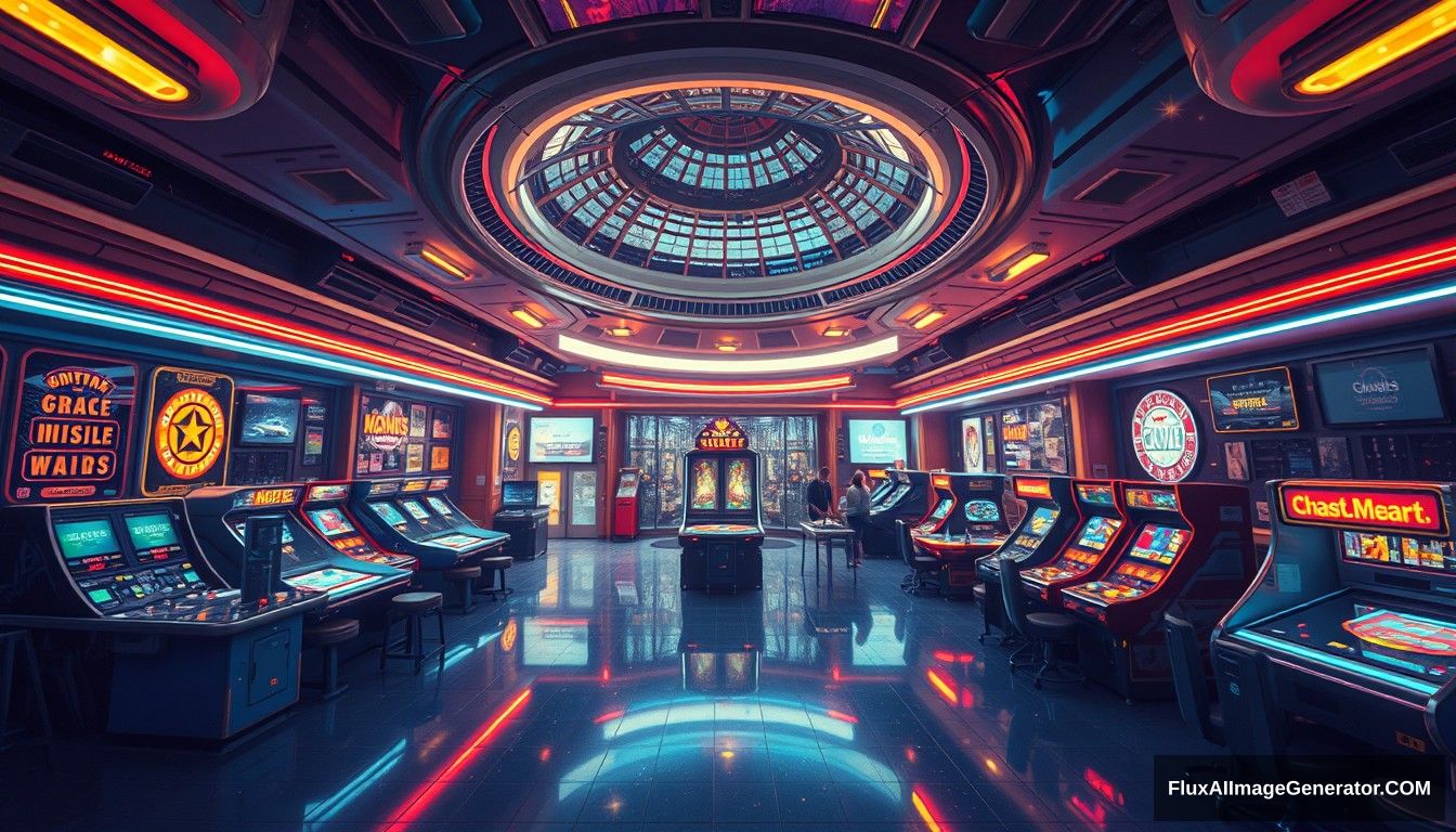 Cel shaded art, wide shot, from above, Dutch angle, from the side, perspective, intense angle, depth of field space, universe, space station, lobby, sunlight, retro, 70s, indoor, night, star, neon, warm light, game room, entertainment, glass ceiling. - Image