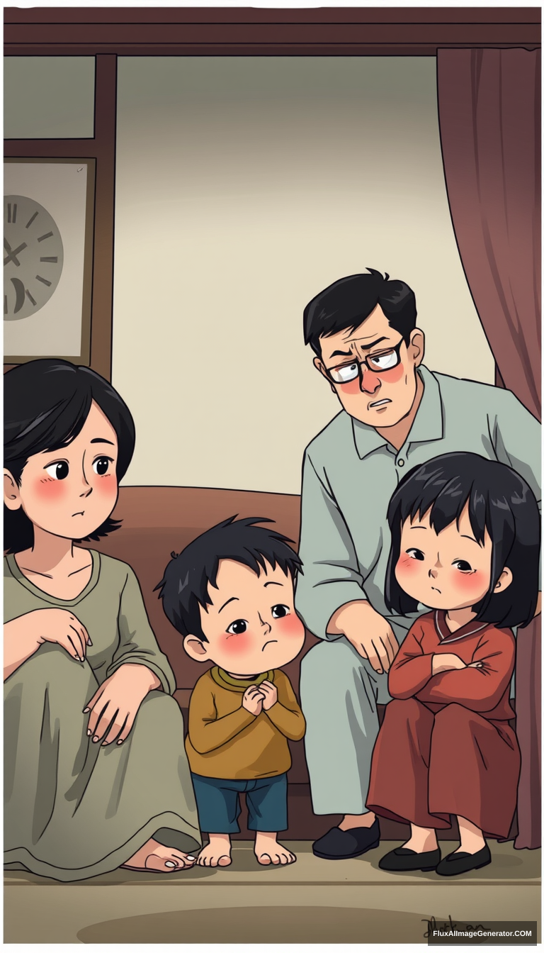 East Asian family, family members with repressed expressions, living room setting, parents scolding child, child looking down silently, tense family atmosphere. no comic.