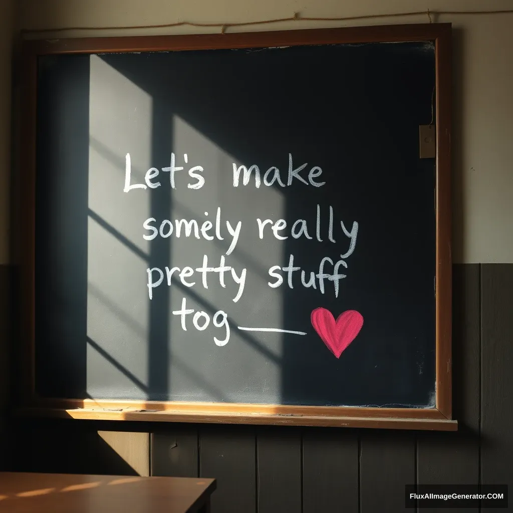 Photograph of a black board in an old classroom. On the black board in chalk are the words “Let's make some really pretty stuff together” with a red chalk heart after the words. Sunlight is streaming in from the window. - Image