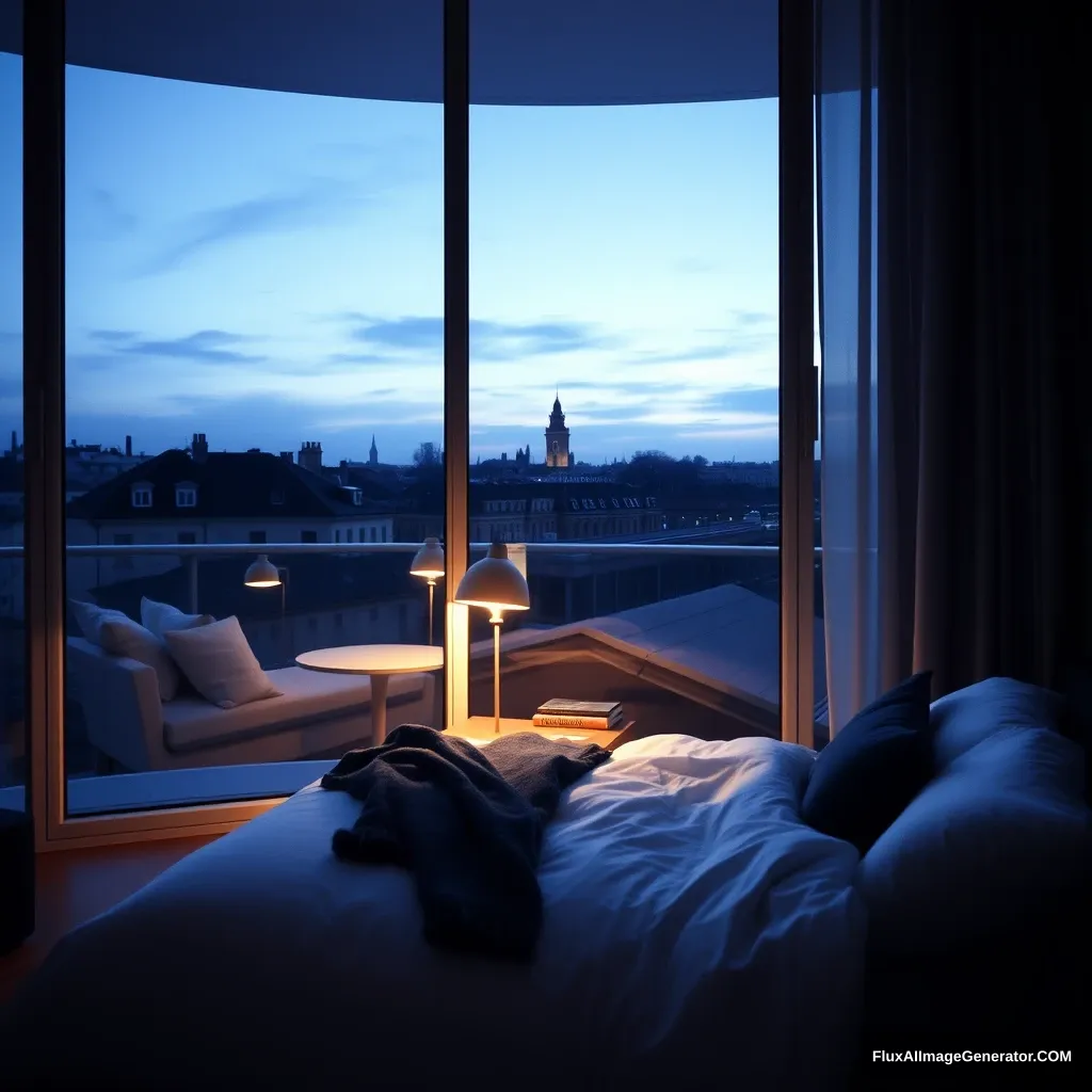 Modern bedroom apartment, big glass window, midnight in France, a study lamp lighting.