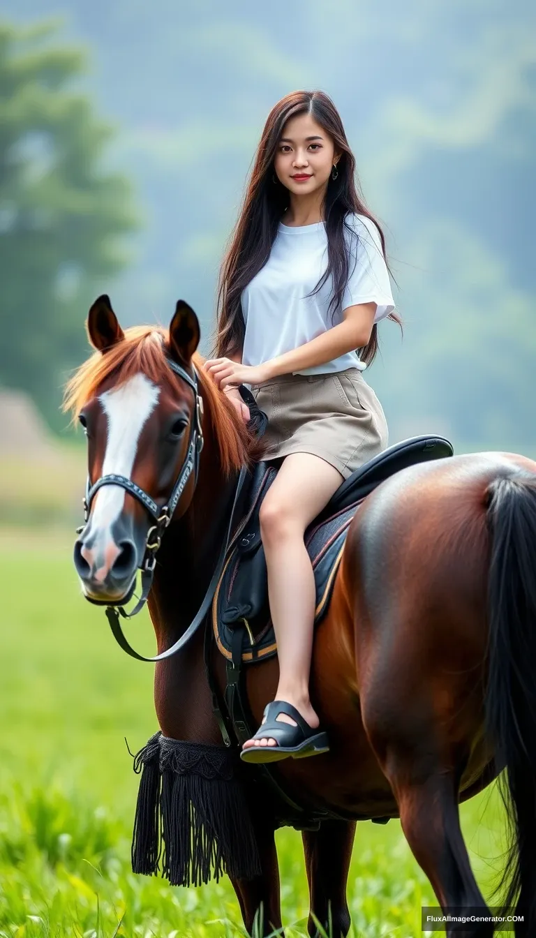 Photography style, an Asian girl, long hair, long legs, short skirt, T-shirt, riding a horse on the grass.