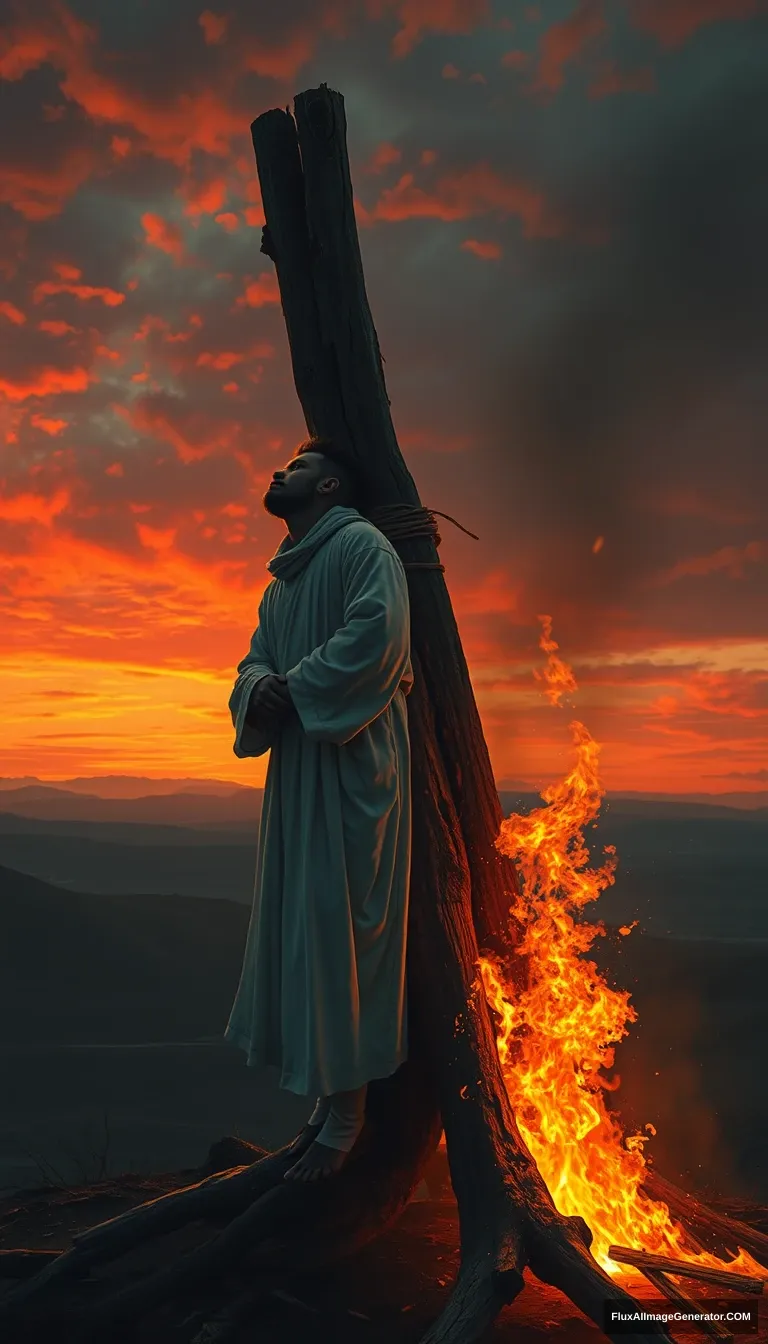 A lone figure, dressed in white robes, is tied to a towering wooden stake on a barren hilltop. The sky is ablaze with an orange and red sunset as flames consume the pyre. The figure's face is turned towards the heavens, expression serene and accepting. Dramatic lighting, cinematic, highly detailed, digital painting.