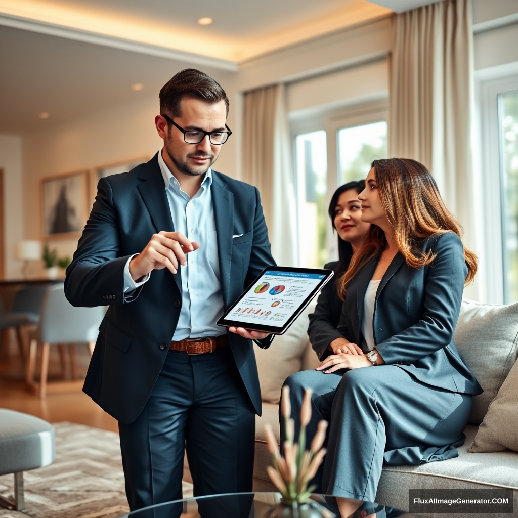 Create an immersive, hyper-realistic image of a confident real estate agent explaining the new legal changes to a couple. The agent, dressed in a professional suit, should be pointing to a tablet displaying a detailed infographic about NAR changes, while the couple, attentively listening, sit in a modern, well-decorated living room. The room should have elegant furniture, with natural lighting creating a welcoming atmosphere, underlining the significance of understanding these changes for the buying experience.