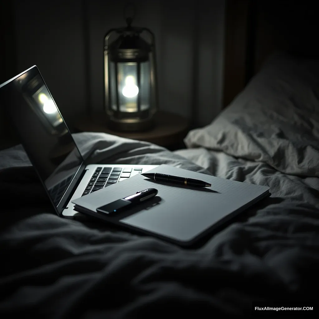 On a laptop, notebook, a pen, phone, on the bed, hyper-realistic, studio photography, lantern light, gloomy. - Image