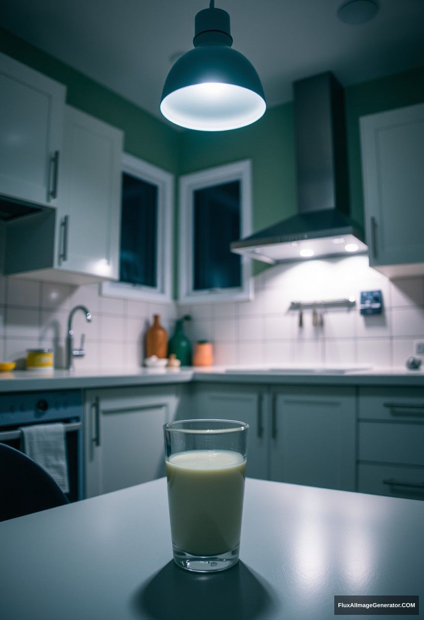 At a modern kitchen, at midnight, a gloomy lighting lamp, fresh milk in a glass on a table.