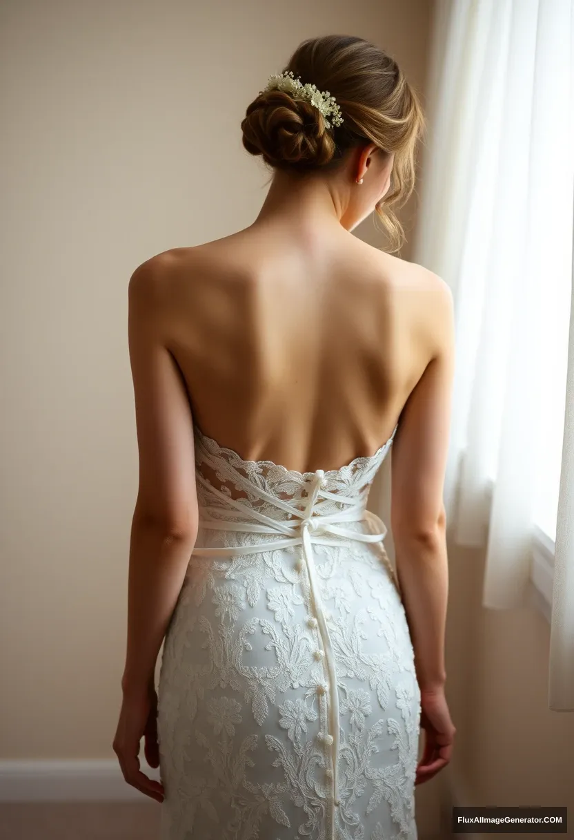 a young woman, sensitive, delicate, ashamed, exposed, backless strapless lace wedding dress