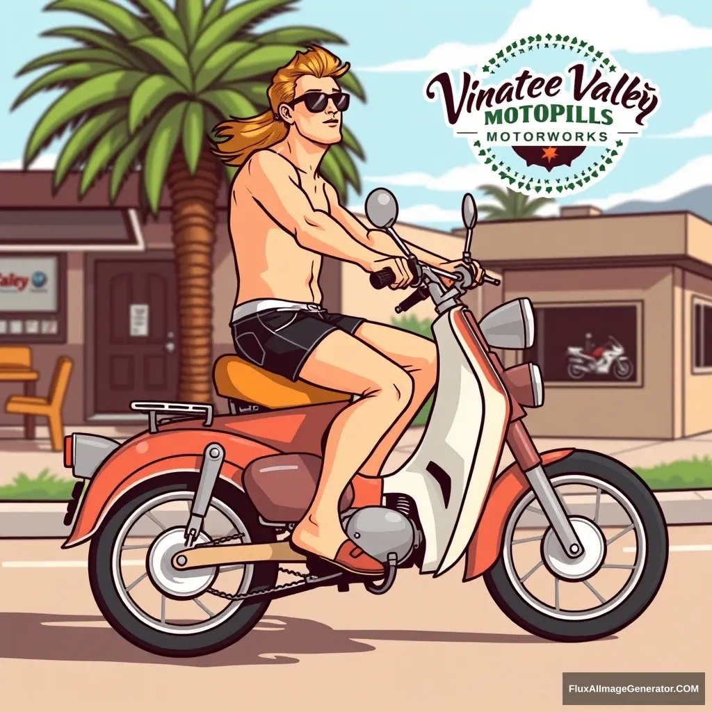 A man riding a 70's style moped, with bike pedals as a moped actually has, wearing only a bikini bottom and sunglasses, in the style of a cartoon from the early 90's, that has a logo for a moped shop called Vintage Valley Motorworks.